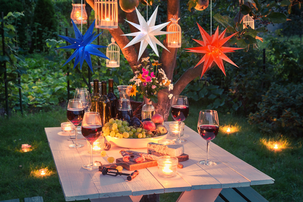 4th of July 3-Pack Moravian Weatherproof Star Lantern Lamps, Hanging Decoration, 1x Red, 1x White, 1x Blue