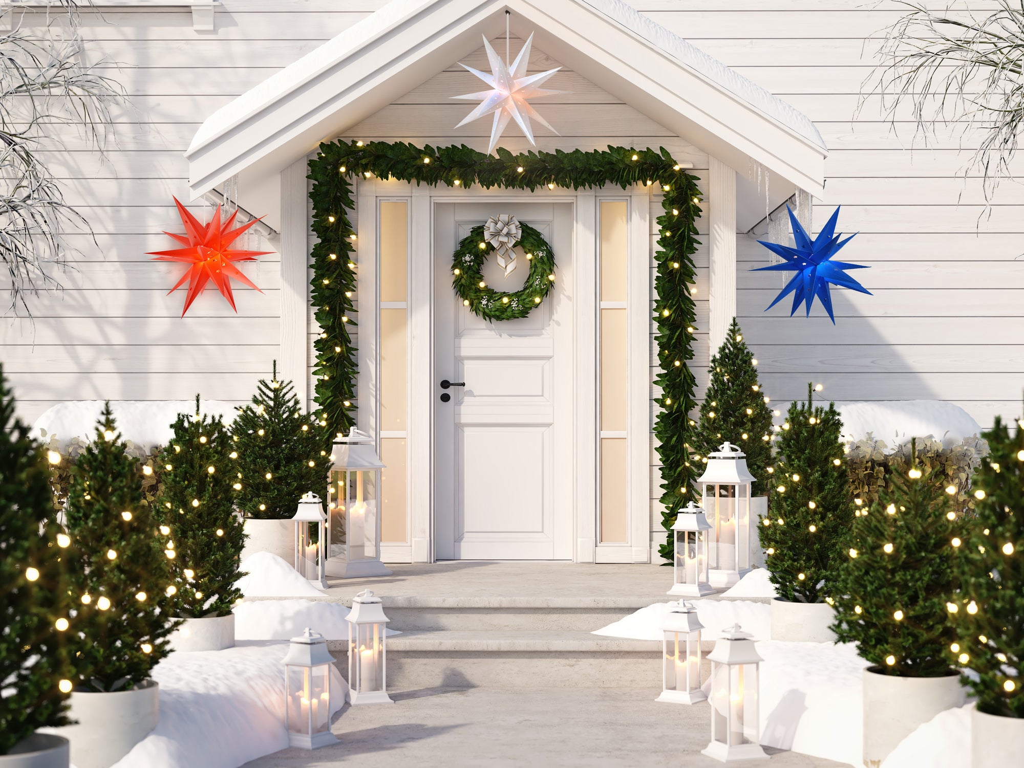 4th of July 3-Pack Moravian Weatherproof Star Lantern Lamps, Hanging Decoration, 1x Red, 1x White, 1x Blue (Shades Only)