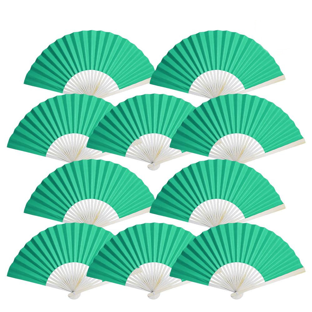 9&quot; Teal Green Paper Hand Fans for Weddings, Premium Paper Stock (10 Pack)