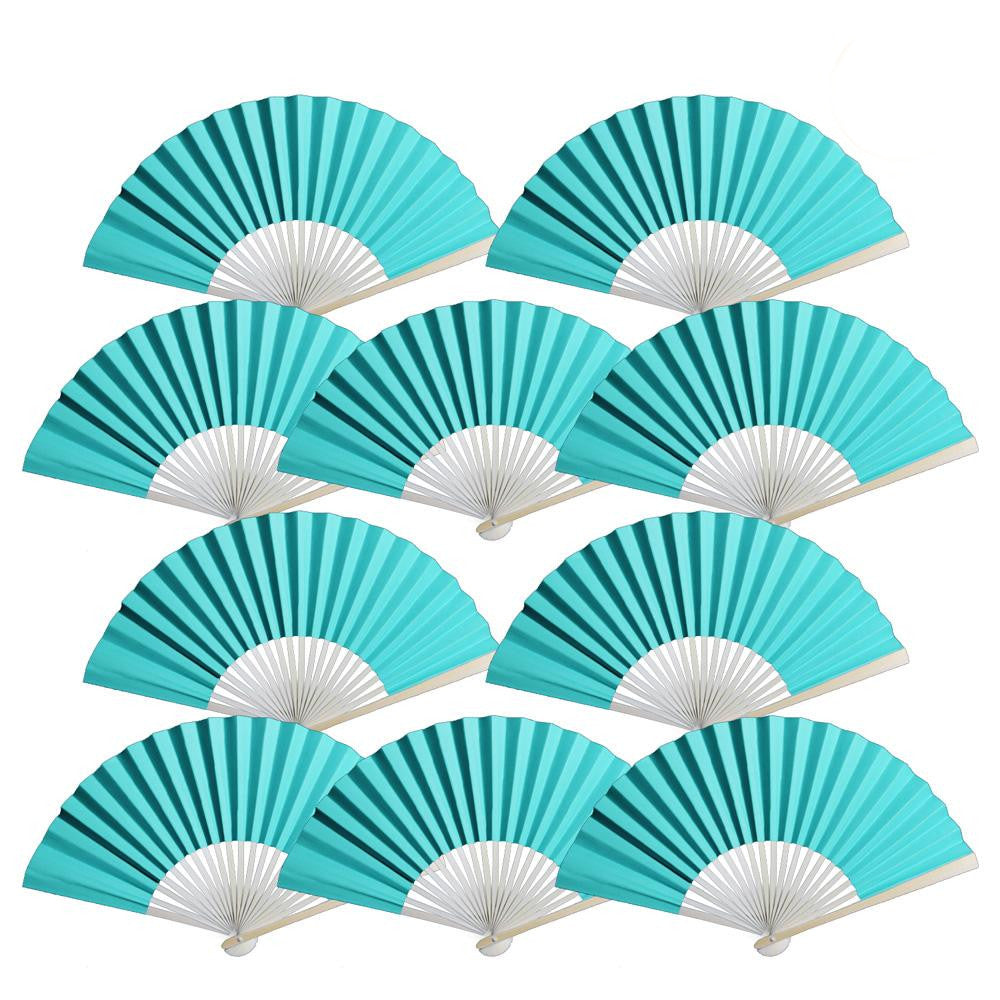 9&quot; Turquoise Paper Hand Fans for Weddings, Premium Paper Stock (10 Pack)