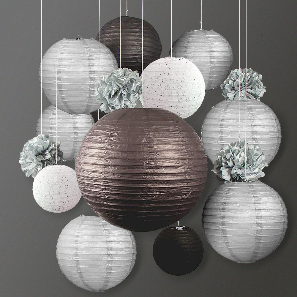 12-pc Silver / Black New Year&#39;s Eve Celebration Party Pack Paper Lantern Combo Set