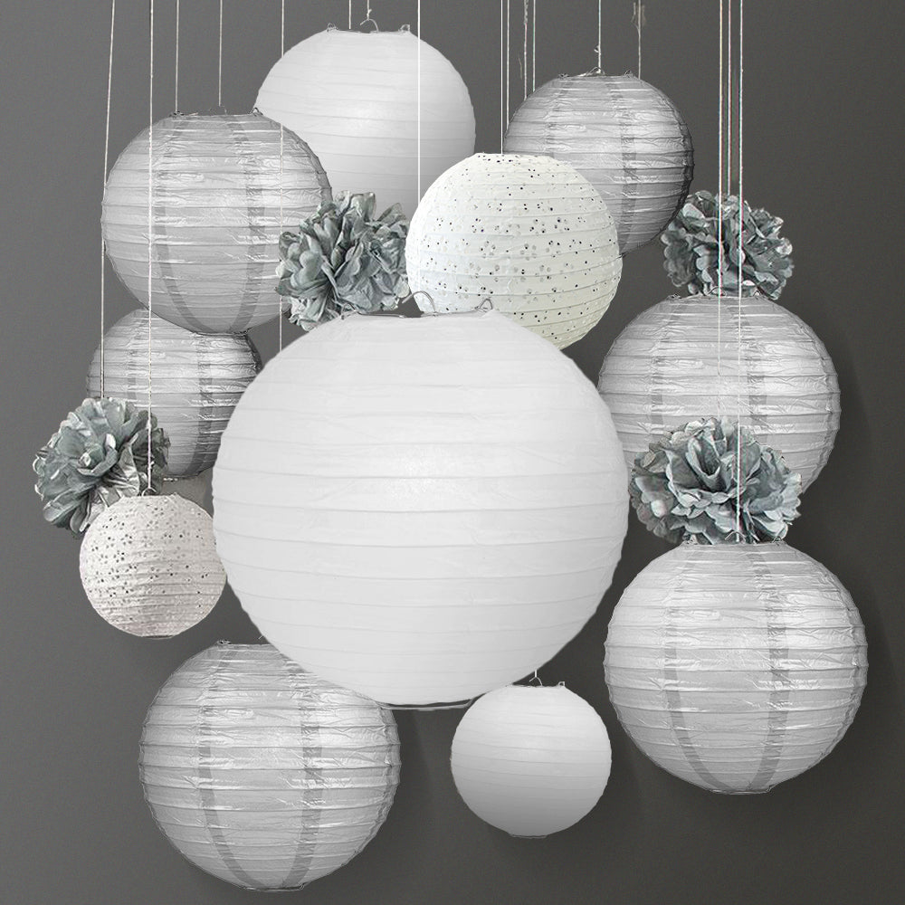 12-pc Silver / White New Year&#39;s Eve Celebration Party Pack Paper Lantern Combo Set