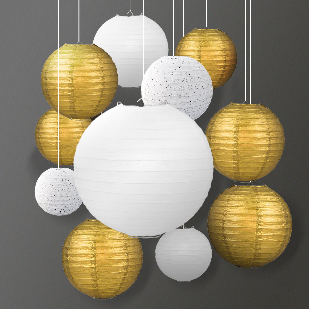 11-pc Gold / White New Year&#39;s Eve Celebration Party Pack Paper Lantern Combo Set