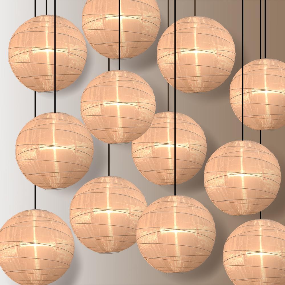 BULK PACK (12) 18" Beige Nylon Lantern, Crisscross Ribbing, Chinese Hanging Wedding & Party Decoration