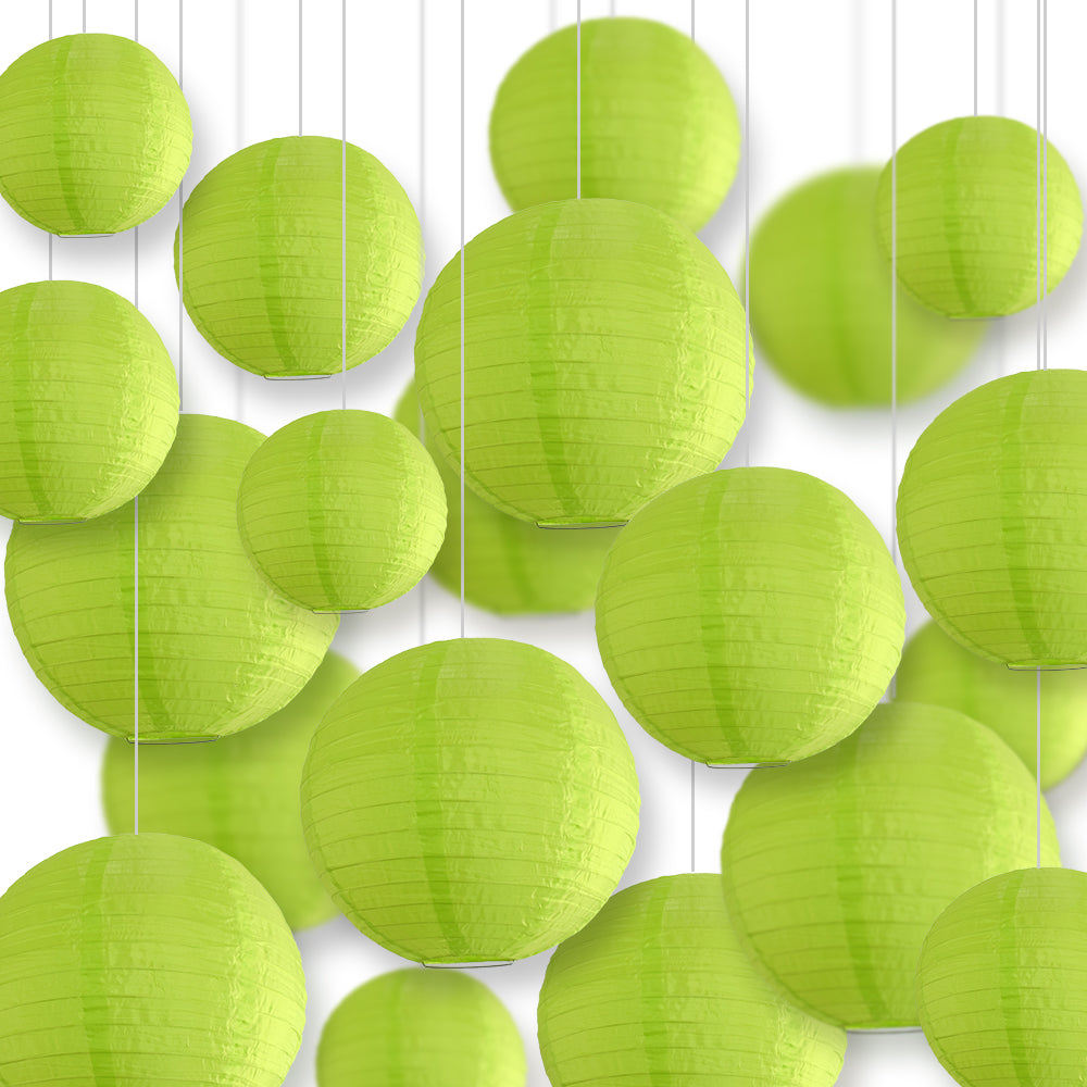Ultimate 20-Piece Apple Green Nylon Lantern Party Pack - Assorted Sizes of 10", 12", 14", 18" (5 Round Lanterns Each) for Weddings, Events and Décor