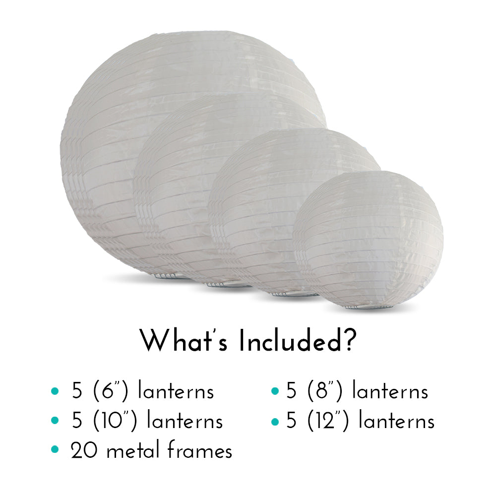 Ultimate 20-Piece Beige Nylon Lantern Party Pack - Assorted Sizes of 6&quot;, 8&quot;, 10&quot;, 12&quot; (5 Round Lanterns Each) for Weddings, Events and Décor