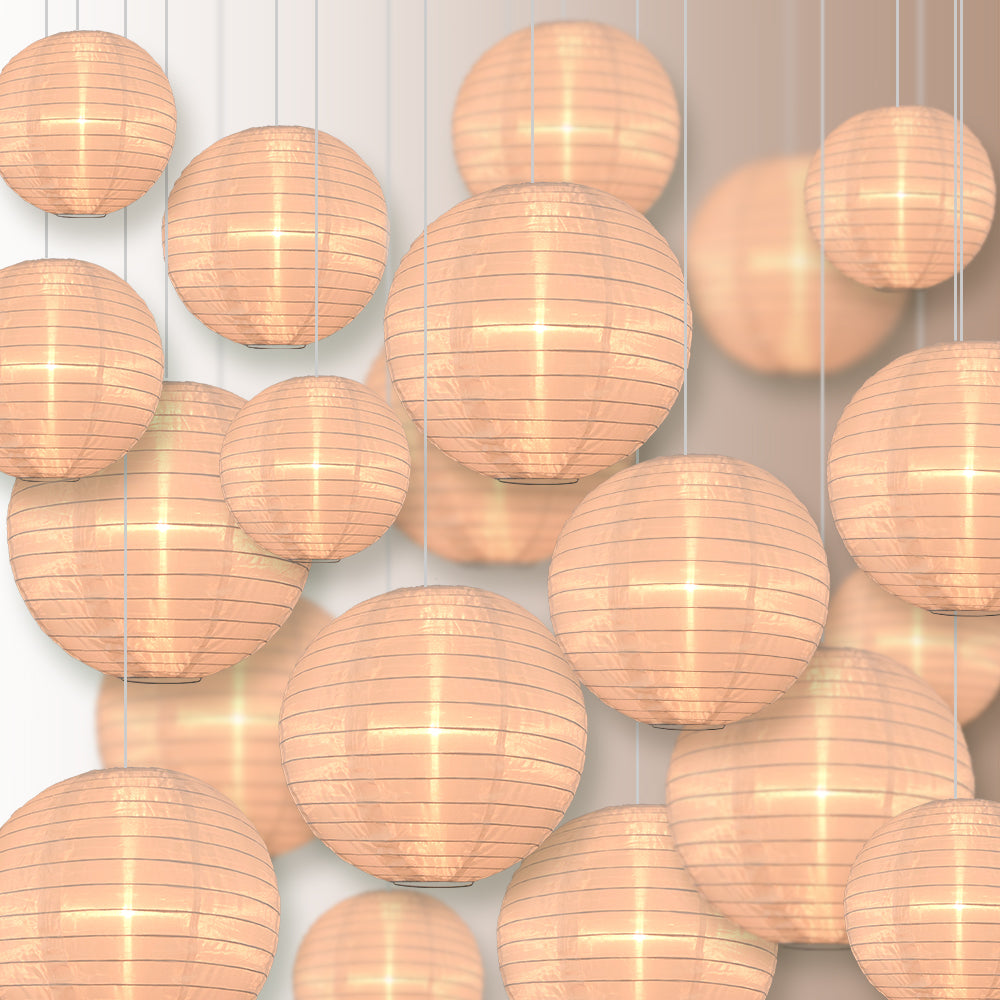 Ultimate 20-Piece Beige Nylon Lantern Party Pack - Assorted Sizes of 6", 8", 10", 12" (5 Round Lanterns Each) for Weddings, Events and Décor