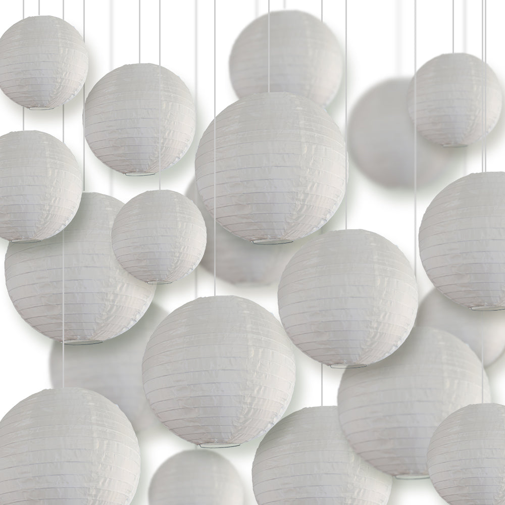 Ultimate 20-Piece Beige Nylon Lantern Party Pack - Assorted Sizes of 6", 8", 10", 12" (5 Round Lanterns Each) for Weddings, Events and Décor