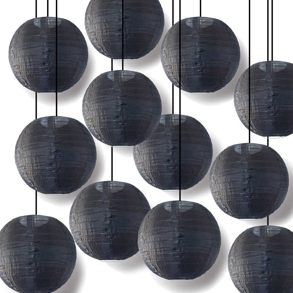 12 PACK | 14&quot; Black Shimmering Nylon Lantern, Even Ribbing, Durable, Hanging Decoration - PaperLanternStore.com - Paper Lanterns, Decor, Party Lights &amp; More