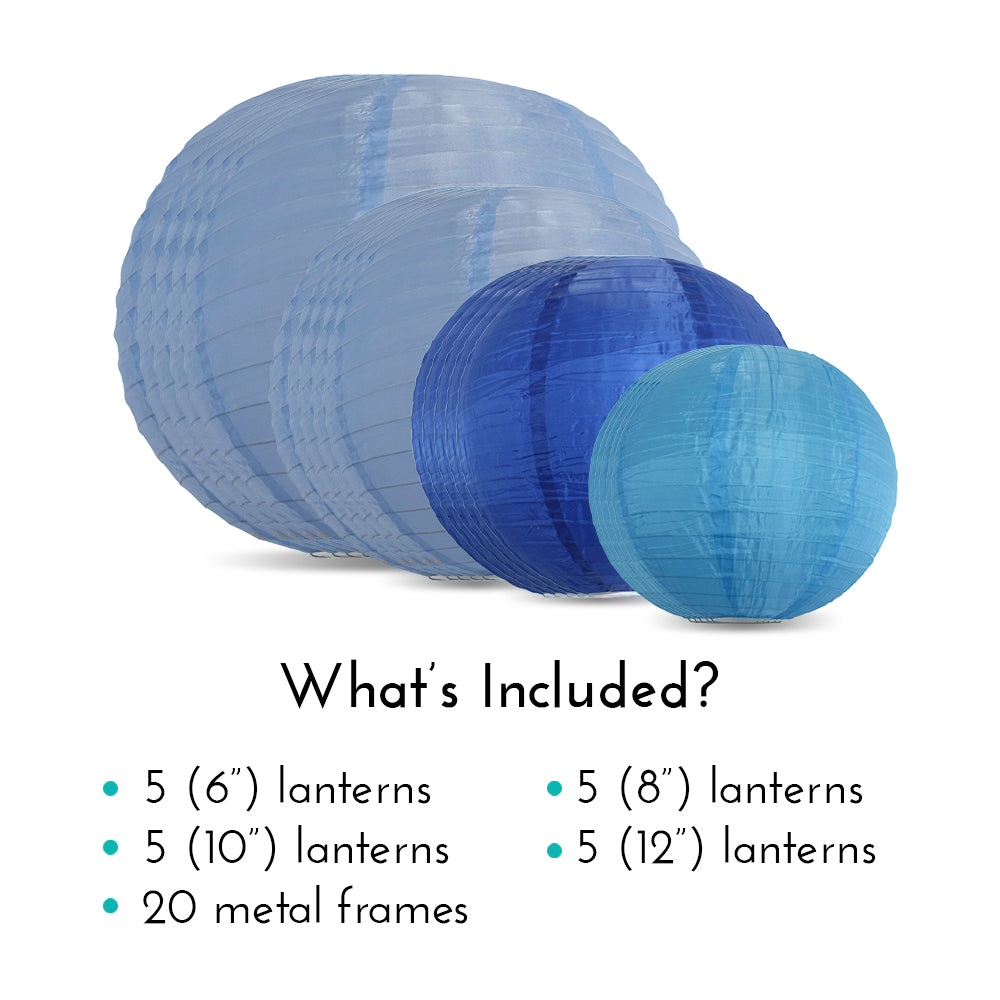 Ultimate 20-Piece Sky Blue Variety Nylon Lantern Party Pack - Assorted Sizes of 6&quot;, 8&quot;, 10&quot;, 12&quot; (5 Round Lanterns Each) for Weddings, Events and Décor