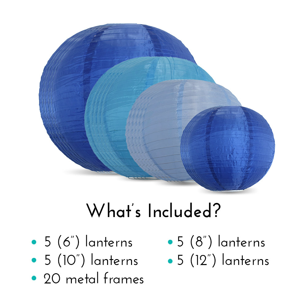 Ultimate 20-Piece Sea Blue Variety Nylon Lantern Party Pack - Assorted Sizes of 6&quot;, 8&quot;, 10&quot;, 12&quot; (5 Round Lanterns Each) for Weddings, Events and Décor