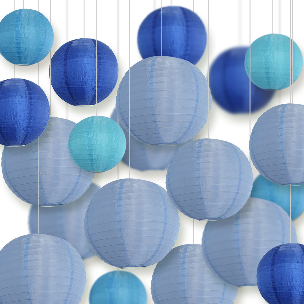 Ultimate 20-Piece Sky Blue Variety Nylon Lantern Party Pack - Assorted Sizes of 6&quot;, 8&quot;, 10&quot;, 12&quot; (5 Round Lanterns Each) for Weddings, Events and Décor