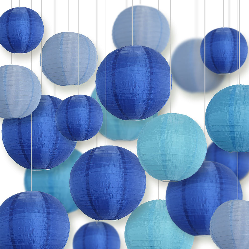 Ultimate 20-Piece Sea Blue Variety Nylon Lantern Party Pack - Assorted Sizes of 6&quot;, 8&quot;, 10&quot;, 12&quot; (5 Round Lanterns Each) for Weddings, Events and Décor