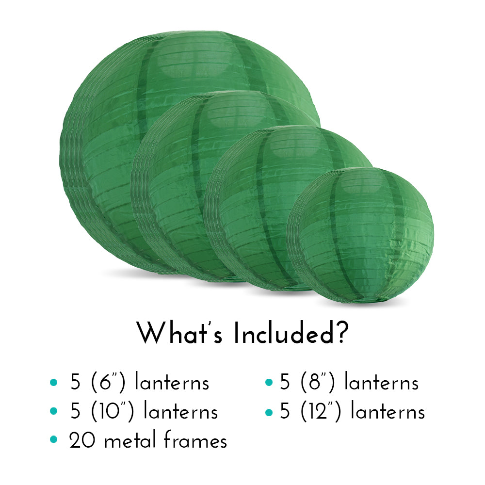 Ultimate 20-Piece Emerald Green Nylon Lantern Party Pack - Assorted Sizes of 6&quot;, 8&quot;, 10&quot;, 12&quot; (5 Round Lanterns Each) for Weddings, Events and Décor