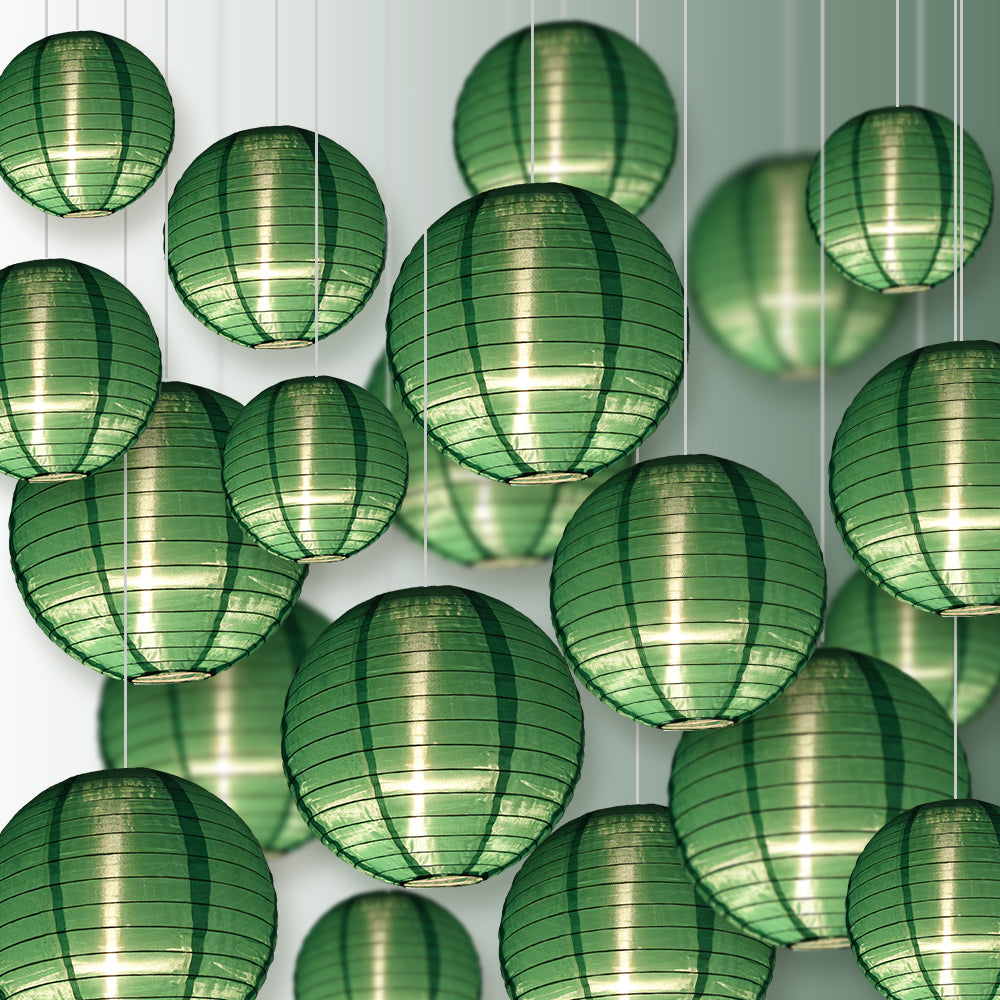 Ultimate 20-Piece Emerald Green Nylon Lantern Party Pack - Assorted Sizes of 6&quot;, 8&quot;, 10&quot;, 12&quot; (5 Round Lanterns Each) for Weddings, Events and Décor
