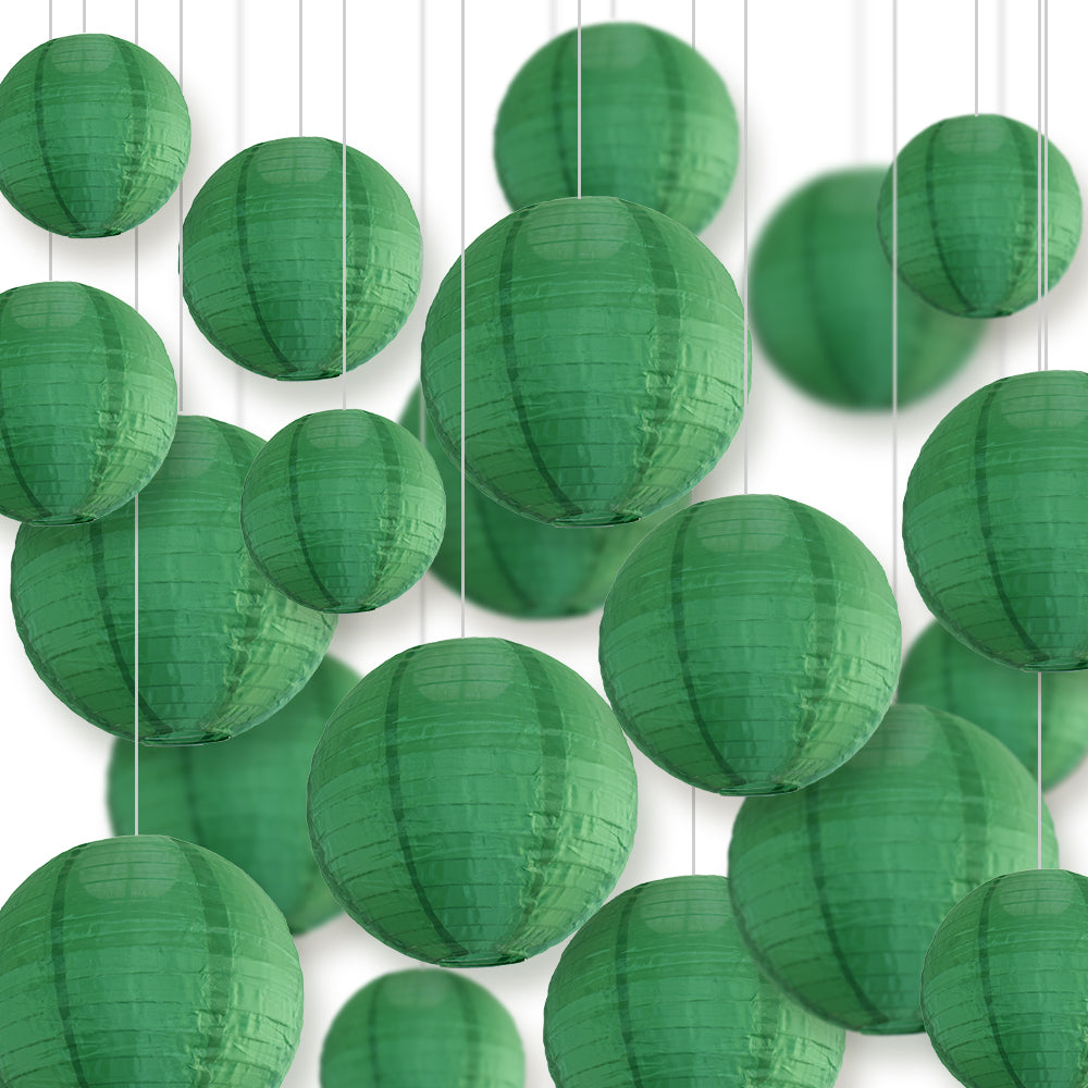 Ultimate 20-Piece Emerald Green Nylon Lantern Party Pack - Assorted Sizes of 6", 8", 10", 12" (5 Round Lanterns Each) for Weddings, Events and Décor