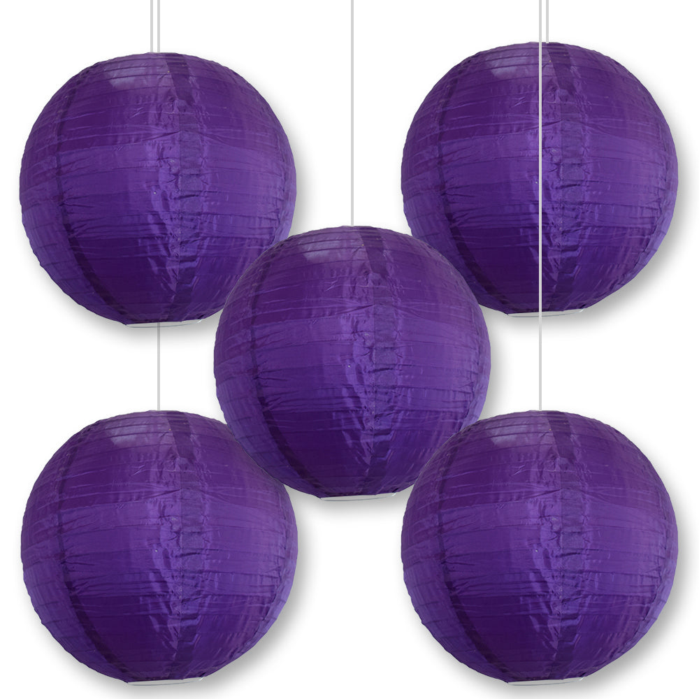 5 PACK | 14" Dark Purple Shimmering Nylon Lantern, Even Ribbing, Durable, Hanging Decoration
