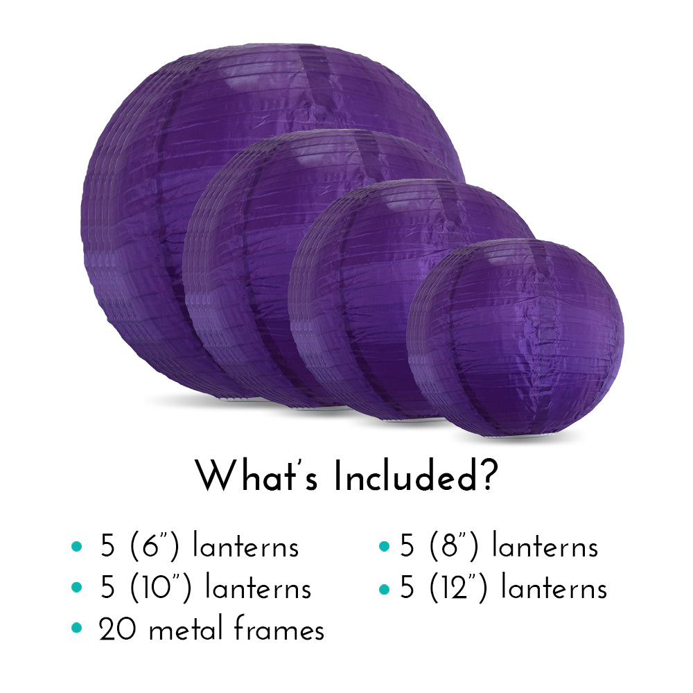 Ultimate 20-Piece Dark Purple Nylon Lantern Party Pack - Assorted Sizes of 6&quot;, 8&quot;, 10&quot;, 12&quot; (5 Round Lanterns Each) for Weddings, Events and Décor