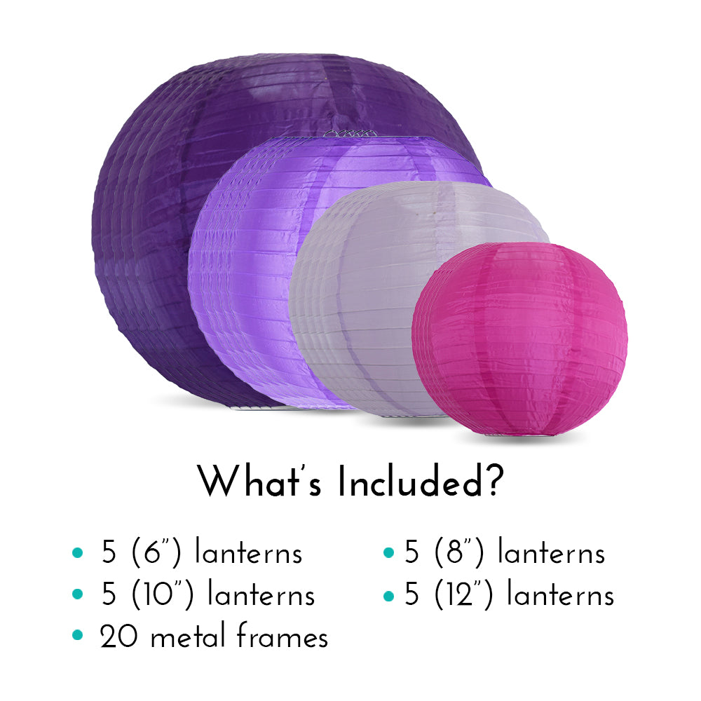 Ultimate 20-Piece Purple Variety Nylon Lantern Party Pack - Assorted Sizes of 6&quot;, 8&quot;, 10&quot;, 12&quot; (5 Round Lanterns Each) for Weddings, Events and Décor