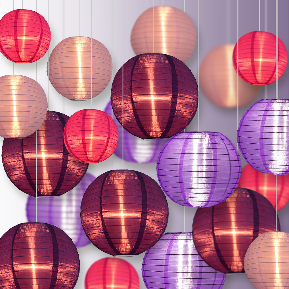 Ultimate 20-Piece Purple Variety Nylon Lantern Party Pack - Assorted Sizes of 6", 8", 10", 12" (5 Round Lanterns Each) for Weddings, Events and Décor