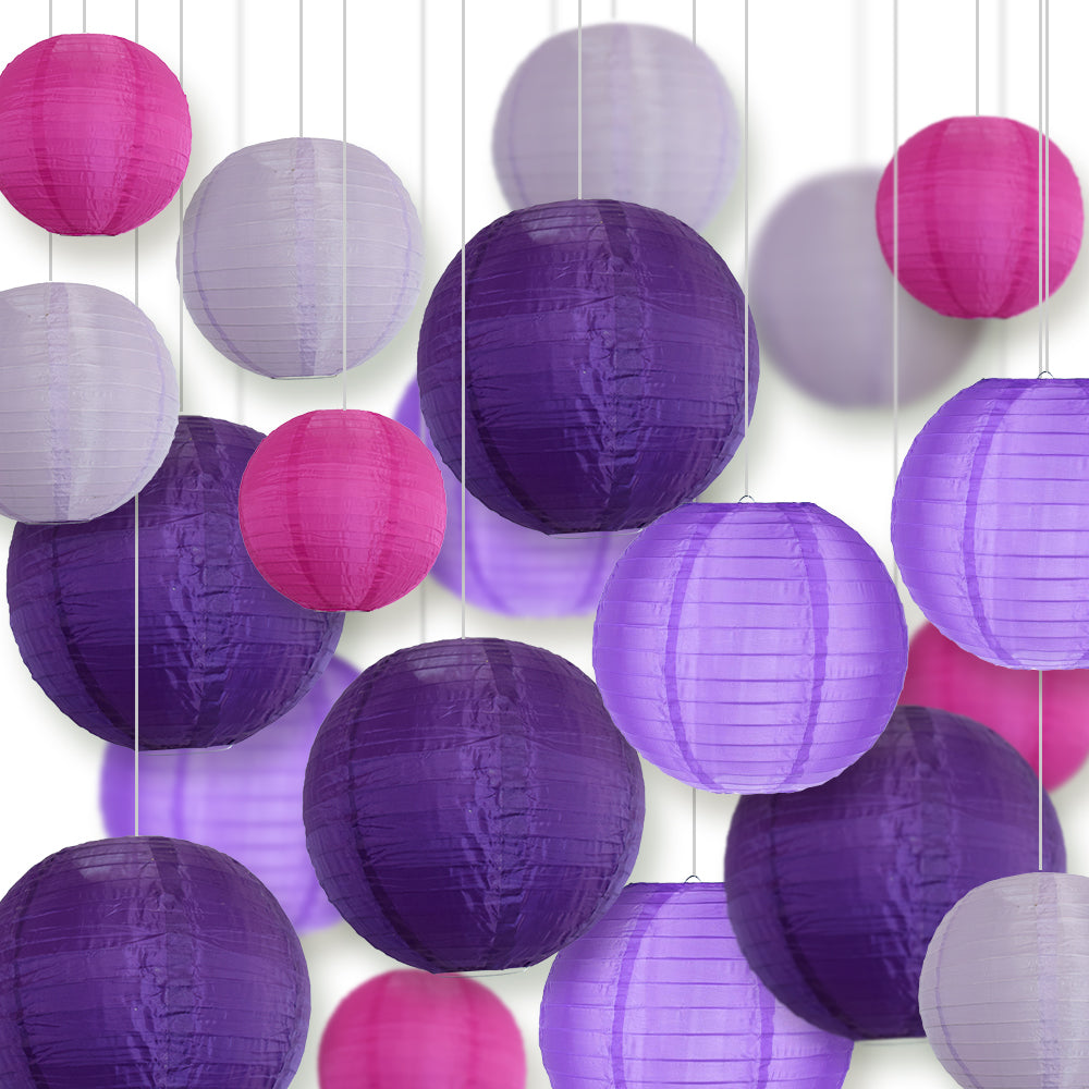 Ultimate 20-Piece Purple Variety Nylon Lantern Party Pack - Assorted Sizes of 6", 8", 10", 12" (5 Round Lanterns Each) for Weddings, Events and Décor
