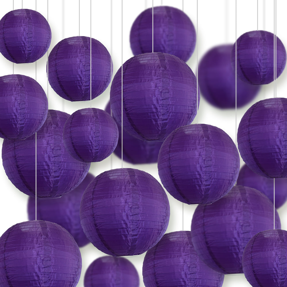 Ultimate 20-Piece Dark Purple Nylon Lantern Party Pack - Assorted Sizes of 6", 8", 10", 12" (5 Round Lanterns Each) for Weddings, Events and Décor