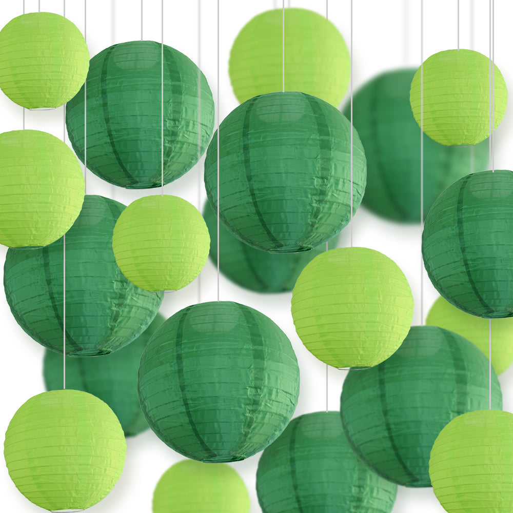 Ultimate 20-Piece Green Variety Nylon Lantern Party Pack - Assorted Sizes of 8&quot;, 10&quot;, 12, 14&quot; (5 Round Lanterns Each) for Weddings, Events and Decor