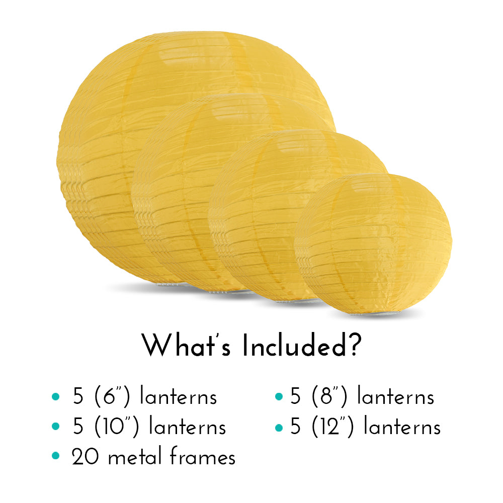 Ultimate 20-Piece Gold Yellow Nylon Lantern Party Pack - Assorted Sizes of 6&quot;, 8&quot;, 10&quot;, 12&quot; (5 Round Lanterns Each) for Weddings, Events and Décor
