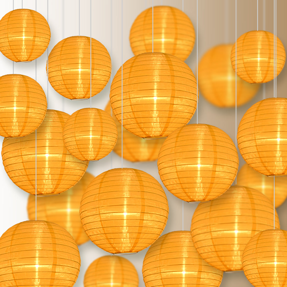 Ultimate 20-Piece Gold Yellow Nylon Lantern Party Pack - Assorted Sizes of 6", 8", 10", 12" (5 Round Lanterns Each) for Weddings, Events and Décor