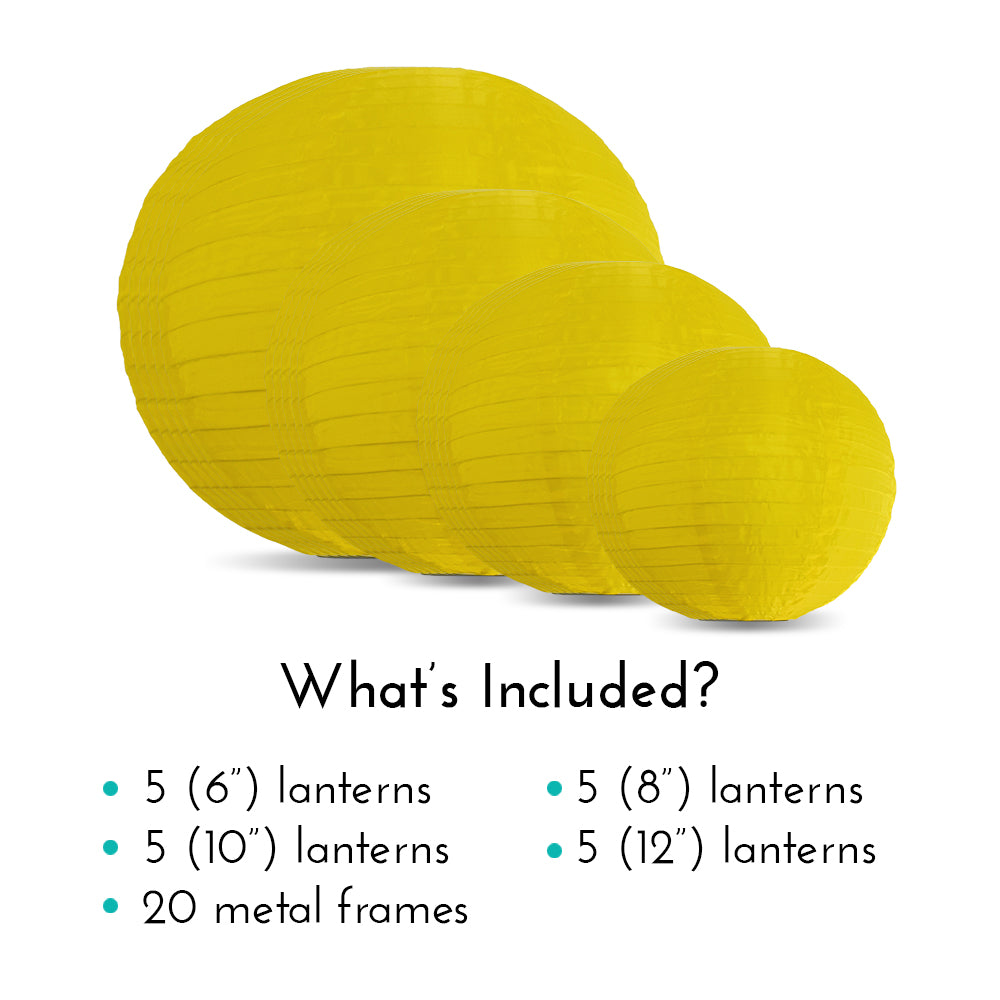 Ultimate 20-Piece Yellow Nylon Lantern Party Pack - Assorted Sizes of 6&quot;, 8&quot;, 10&quot;, 12&quot; (5 Round Lanterns Each) for Weddings, Events and Décor