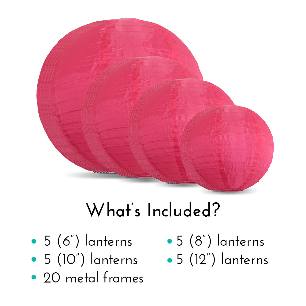 Ultimate 20-Piece Hot Pink Nylon Lantern Party Pack - Assorted Sizes of 6&quot;, 8&quot;, 10&quot;, 12&quot; (5 Round Lanterns Each) for Weddings, Events and Décor
