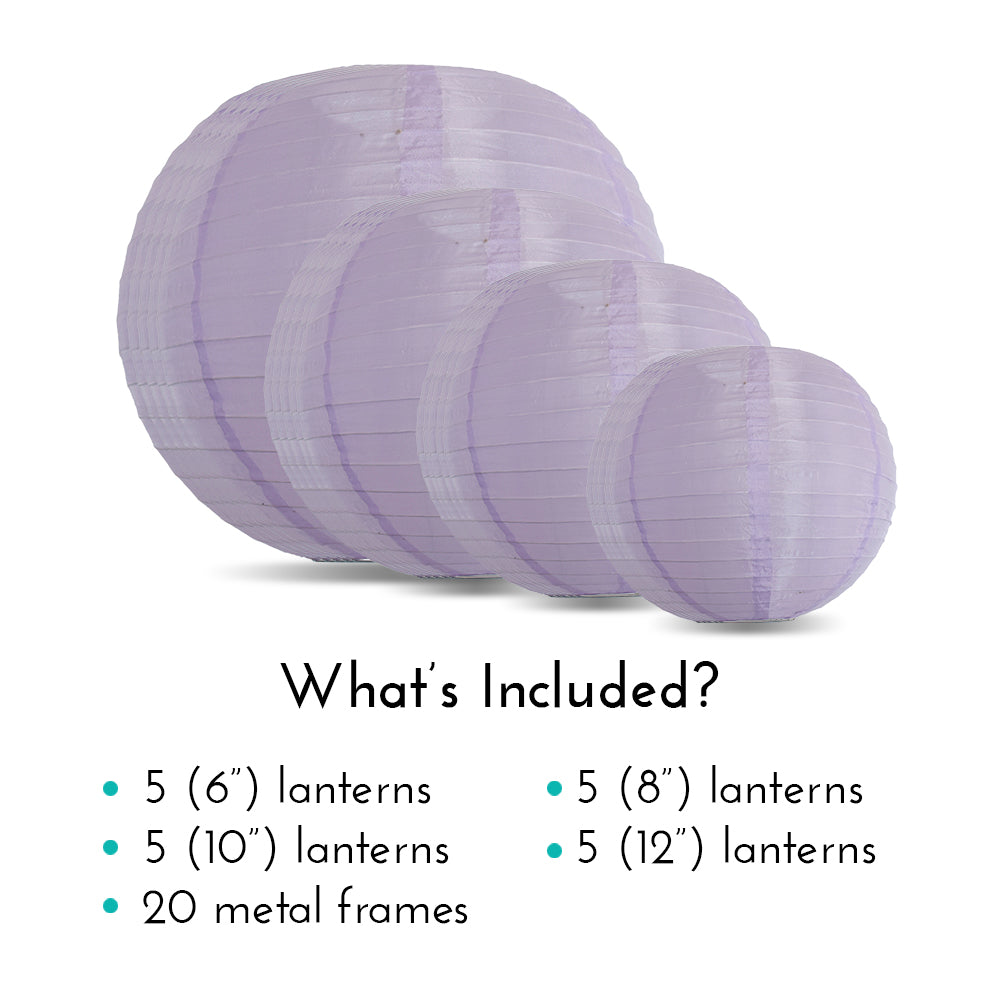 Ultimate 20-Piece Light Purple Nylon Lantern Party Pack - Assorted Sizes of 6&quot;, 8&quot;, 10&quot;, 12&quot; (5 Round Lanterns Each) for Weddings, Events and Décor