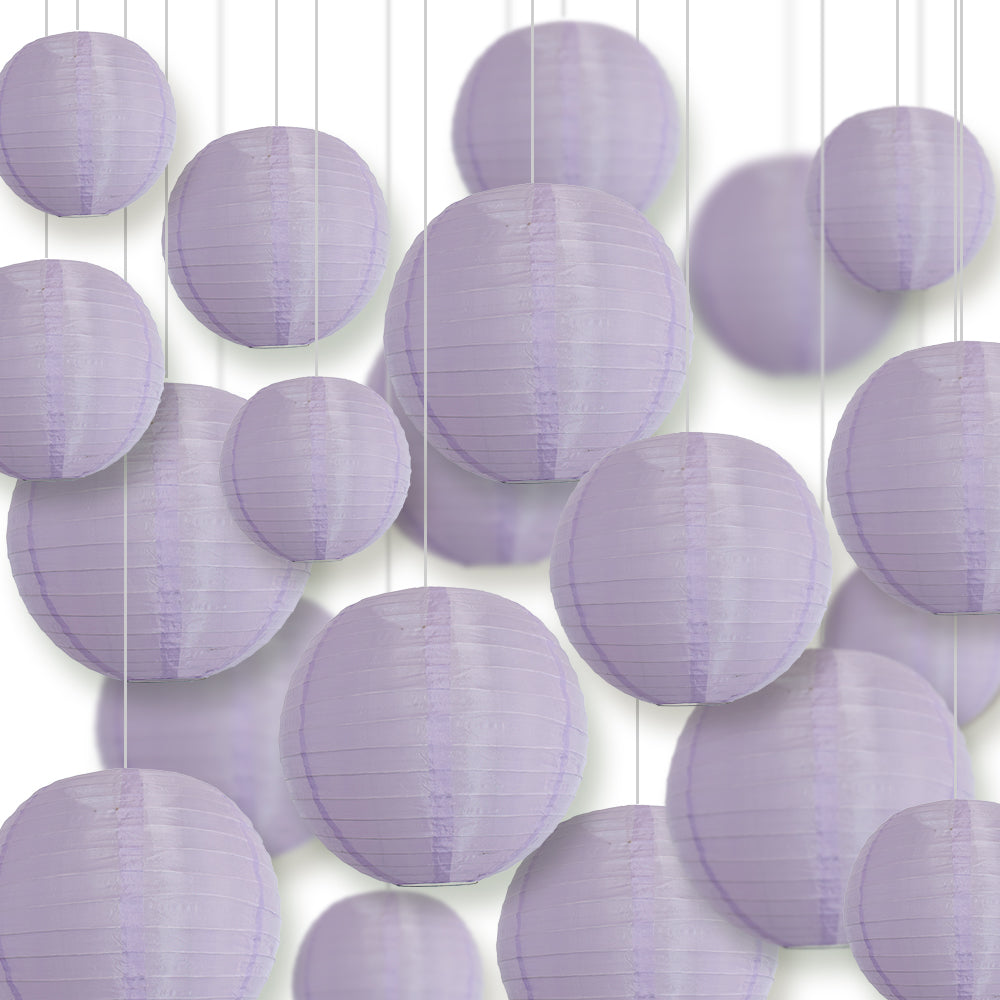 Ultimate 20-Piece Light Purple Nylon Lantern Party Pack - Assorted Sizes of 6&quot;, 8&quot;, 10&quot;, 12&quot; (5 Round Lanterns Each) for Weddings, Events and Décor