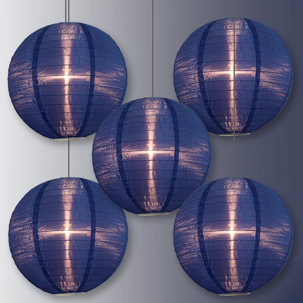 5 PACK | 14&quot; Navy Blue Shimmering Nylon Lantern, Even Ribbing, Durable, Hanging Decoration