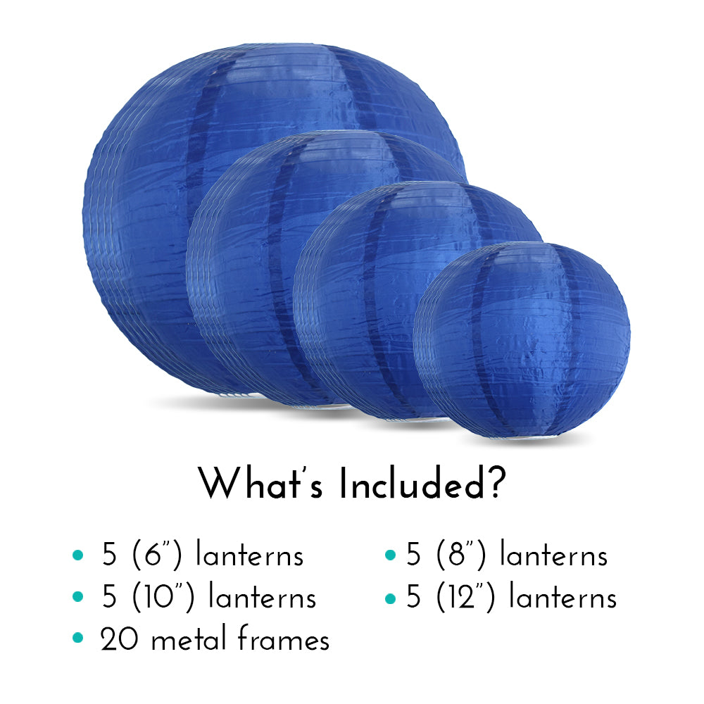 Ultimate 20-Piece Navy Blue Nylon Lantern Party Pack - Assorted Sizes of 6&quot;, 8&quot;, 10&quot;, 12&quot; (5 Round Lanterns Each) for Weddings, Events and Décor