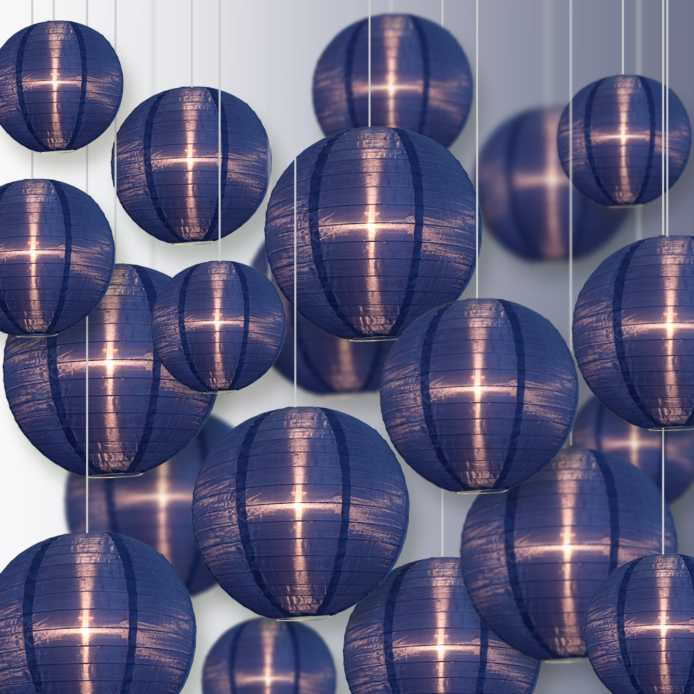 Ultimate 20-Piece Navy Blue Nylon Lantern Party Pack - Assorted Sizes of 6", 8", 10", 12" (5 Round Lanterns Each) for Weddings, Events and Décor