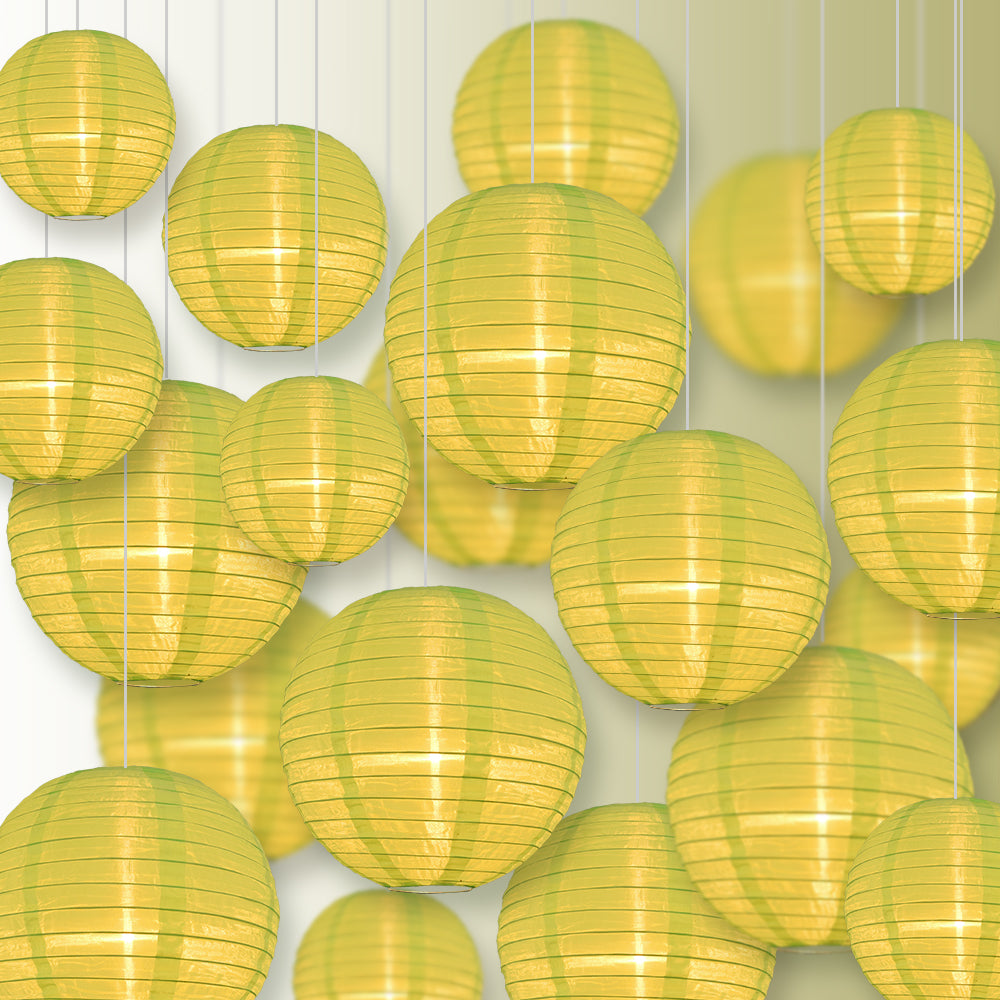 Ultimate 20-Piece Neon Green Nylon Lantern Party Pack - Assorted Sizes of 6", 8", 10", 12" (5 Round Lanterns Each) for Weddings, Events and Décor