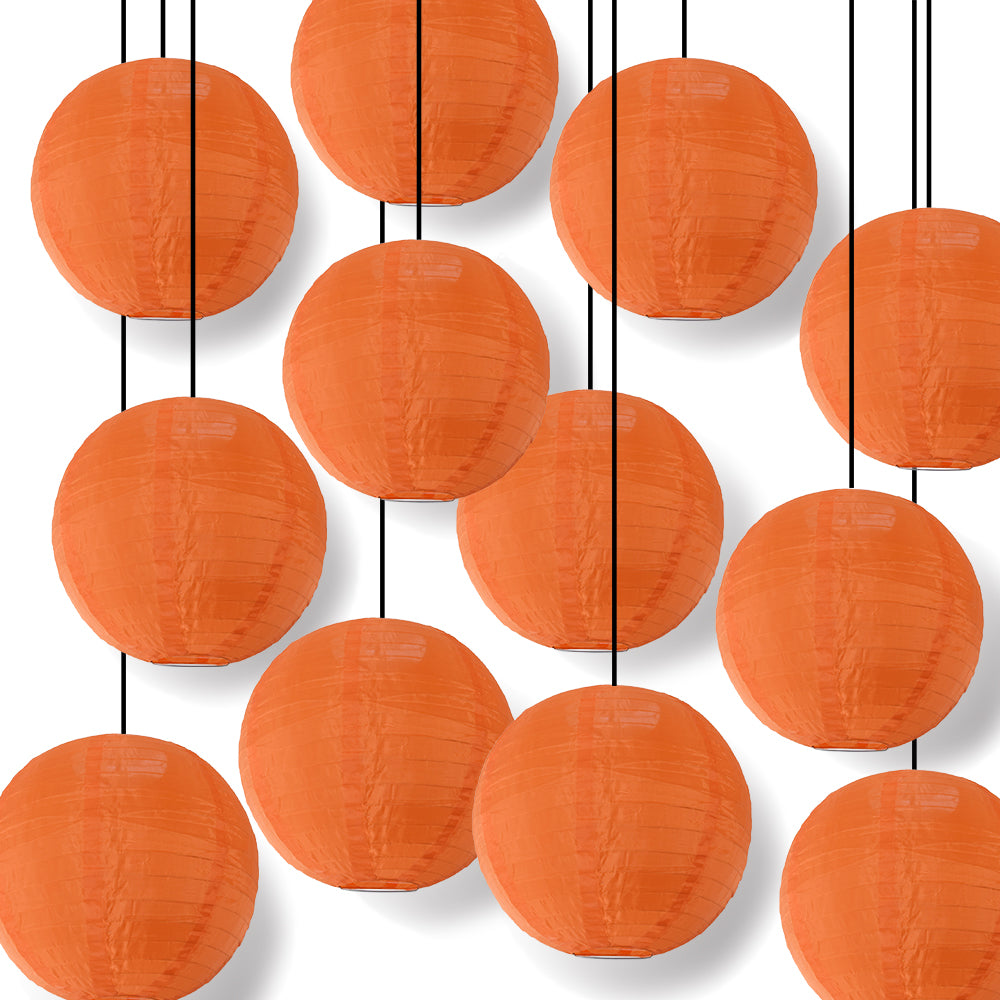 BULK PACK (12) 12" Orange Shimmering Nylon Lantern, Even Ribbing, Durable, Hanging