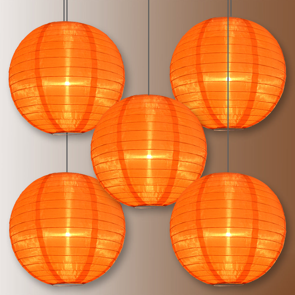 BULK PACK (5) 18" Orange Shimmering Nylon Lantern, Even Ribbing, Durable, Hanging