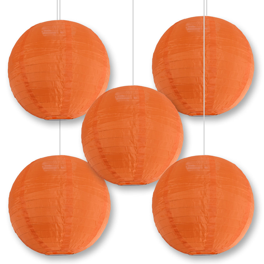 5 PACK | 14" Orange Shimmering Nylon Lantern, Even Ribbing, Durable, Hanging Decoration