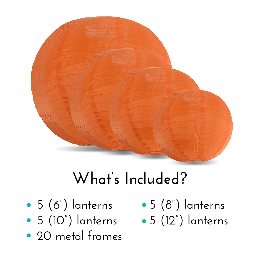 Ultimate 20-Piece Orange Nylon Lantern Party Pack - Assorted Sizes of 6&quot;, 8&quot;, 10&quot;, 12&quot; (5 Round Lanterns Each) for Weddings, Events and Décor
