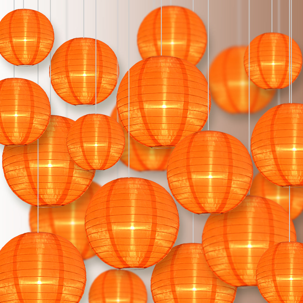 Ultimate 20-Piece Orange Nylon Lantern Party Pack - Assorted Sizes of 6", 8", 10", 12" (5 Round Lanterns Each) for Weddings, Events and Décor