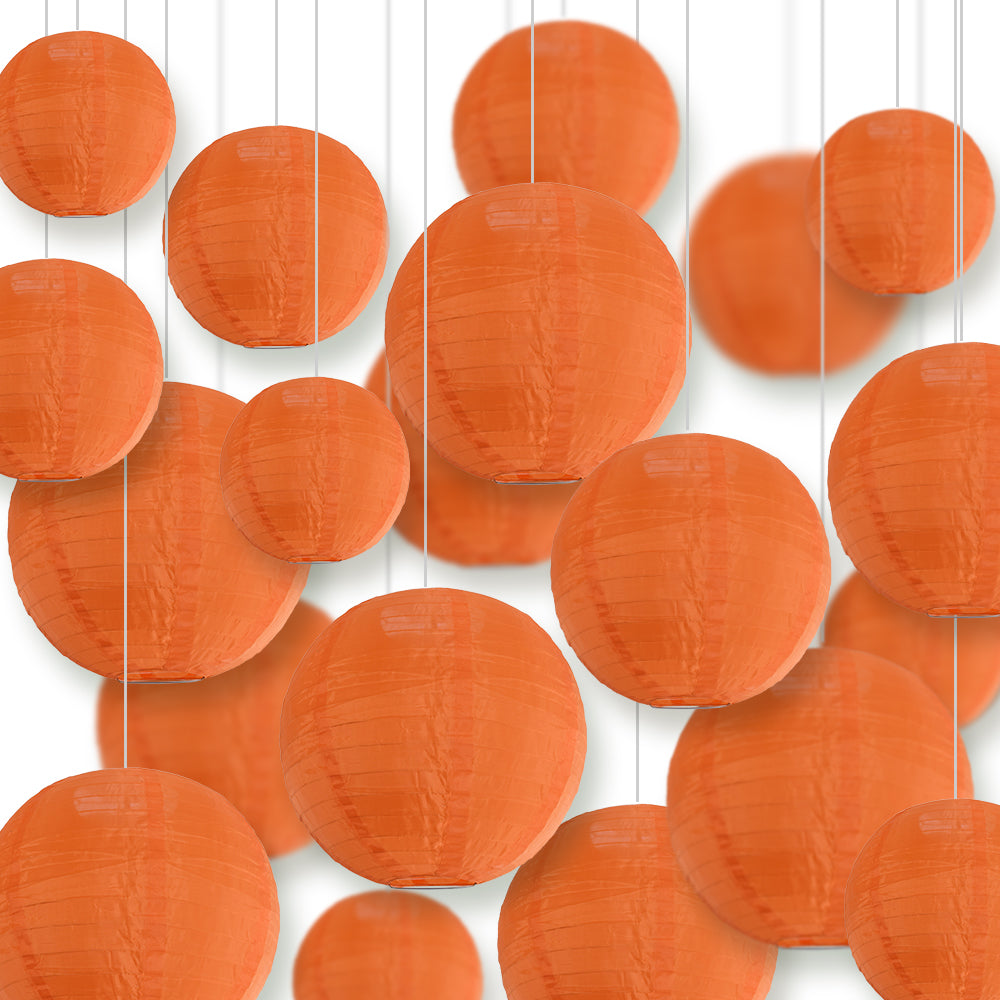 Ultimate 20-Piece Orange Nylon Lantern Party Pack - Assorted Sizes of 6", 8", 10", 12" (5 Round Lanterns Each) for Weddings, Events and Décor