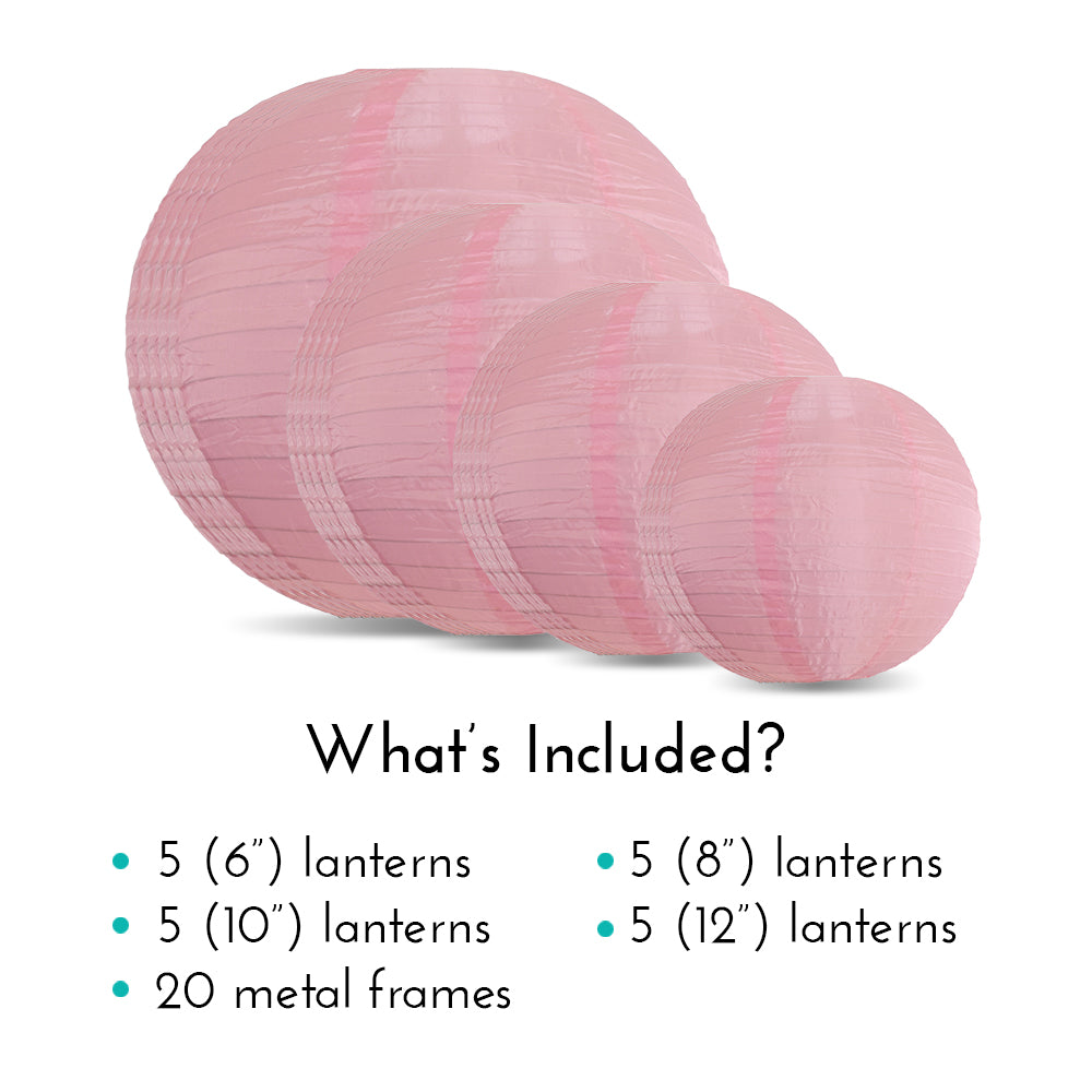 Ultimate 20-Piece Pink Nylon Lantern Party Pack - Assorted Sizes of 6&quot;, 8&quot;, 10&quot;, 12&quot; (5 Round Lanterns Each) for Weddings, Events and Décor