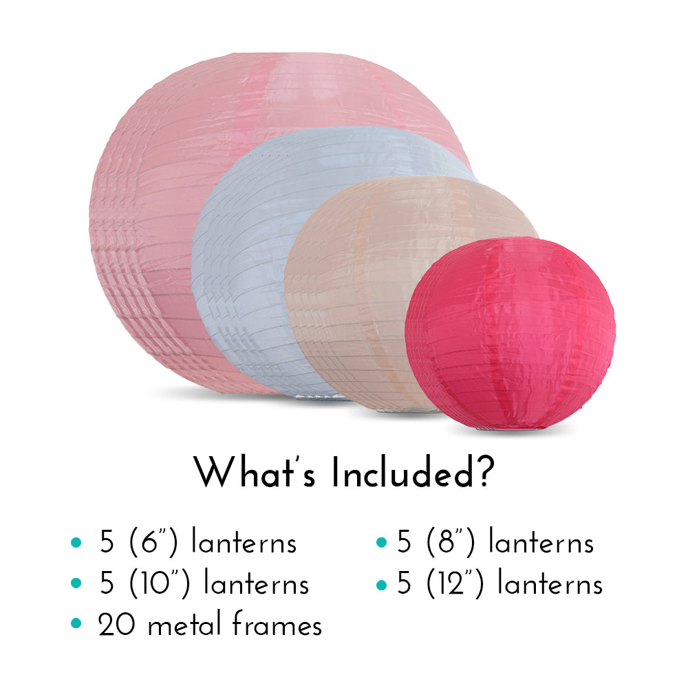Ultimate 20-Piece Pink Variety Nylon Lantern Party Pack - Assorted Sizes of 6&quot;, 8&quot;, 10&quot;, 12&quot; (5 Round Lanterns Each) for Weddings, Events and Décor