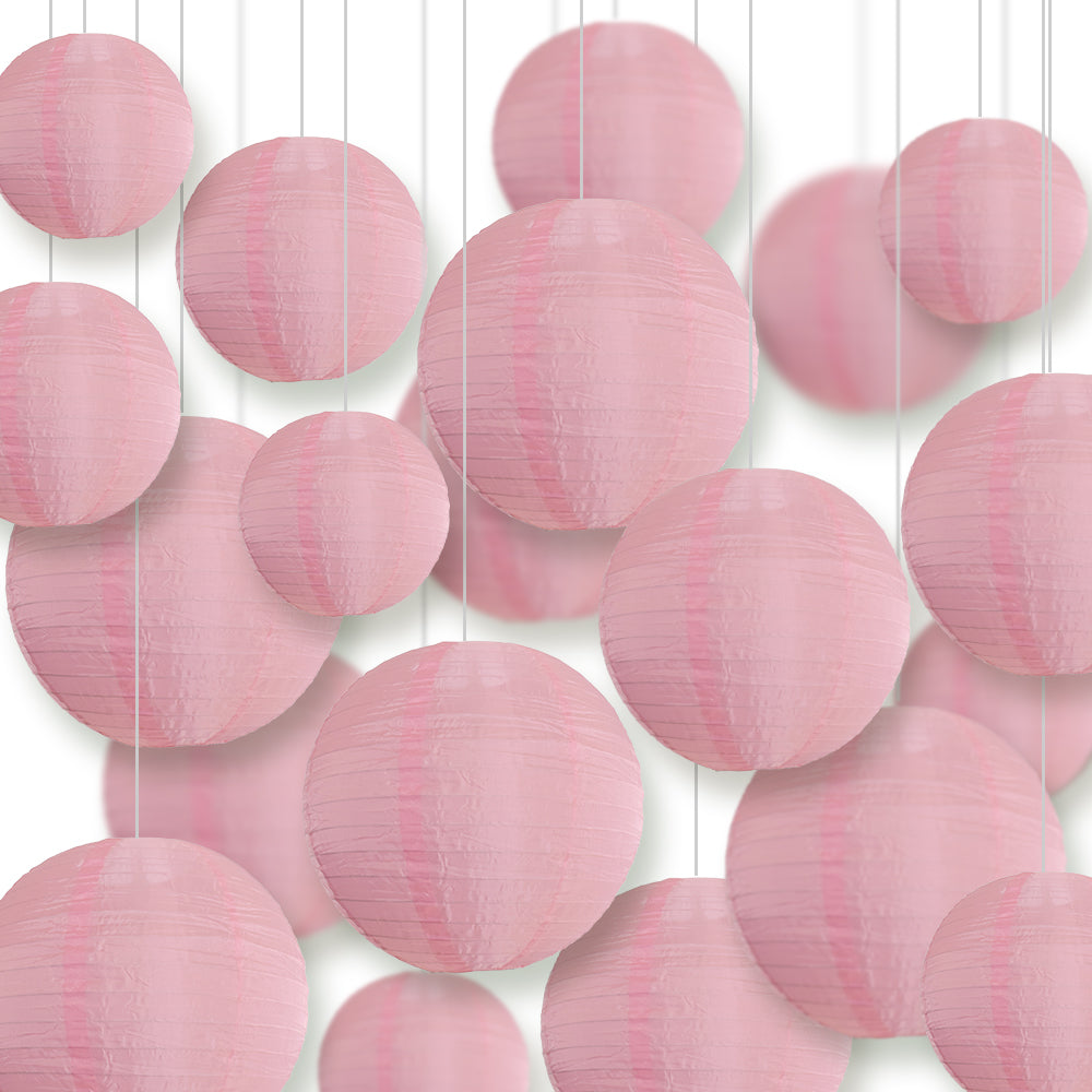 Ultimate 20-Piece Pink Nylon Lantern Party Pack - Assorted Sizes of 6", 8", 10", 12" (5 Round Lanterns Each) for Weddings, Events and Décor