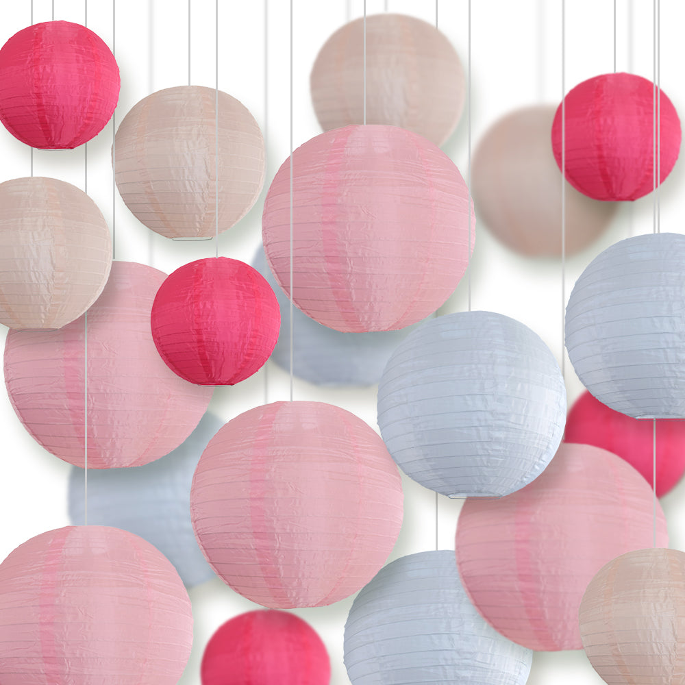 Ultimate 20-Piece Pink Variety Nylon Lantern Party Pack - Assorted Sizes of 6", 8", 10", 12" (5 Round Lanterns Each) for Weddings, Events and Décor