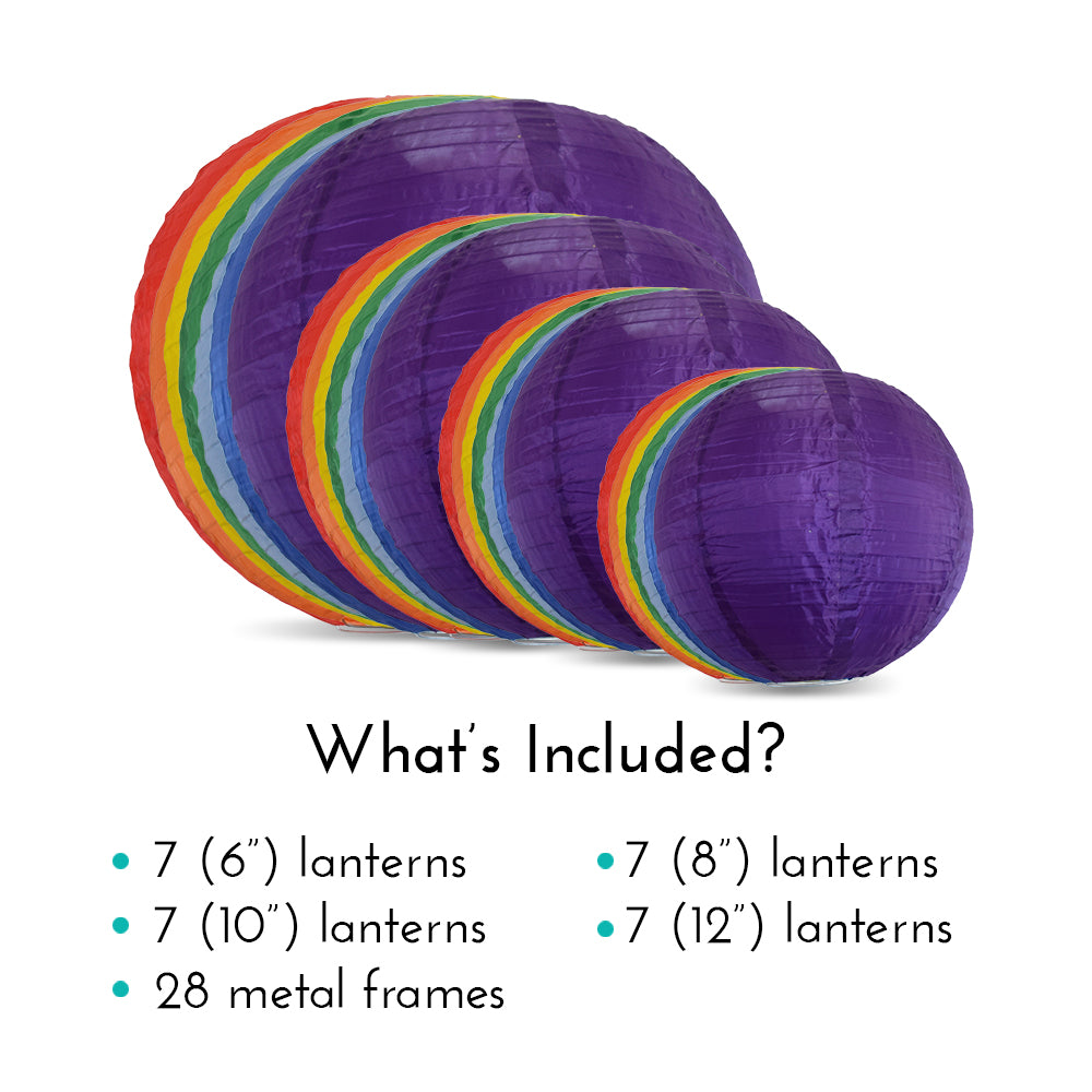 Ultimate 28-Piece Rainbow Variety Nylon Lantern Party Pack - Assorted Sizes of 6&quot;, 8&quot;, 10&quot;, 12&quot; (7 Round Lanterns Each) for Weddings, Events and Décor
