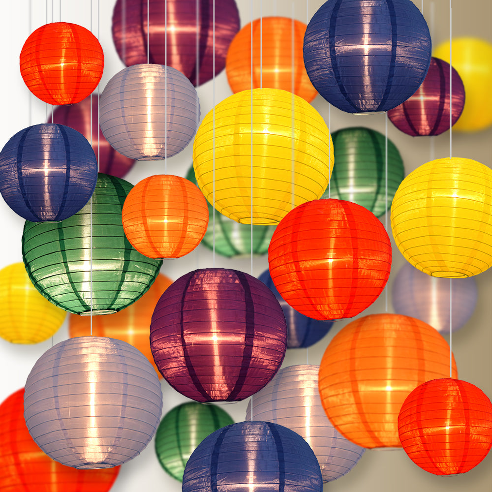 Ultimate 28-Piece Rainbow Variety Nylon Lantern Party Pack - Assorted Sizes of 6", 8", 10", 12" (7 Round Lanterns Each) for Weddings, Events and Décor