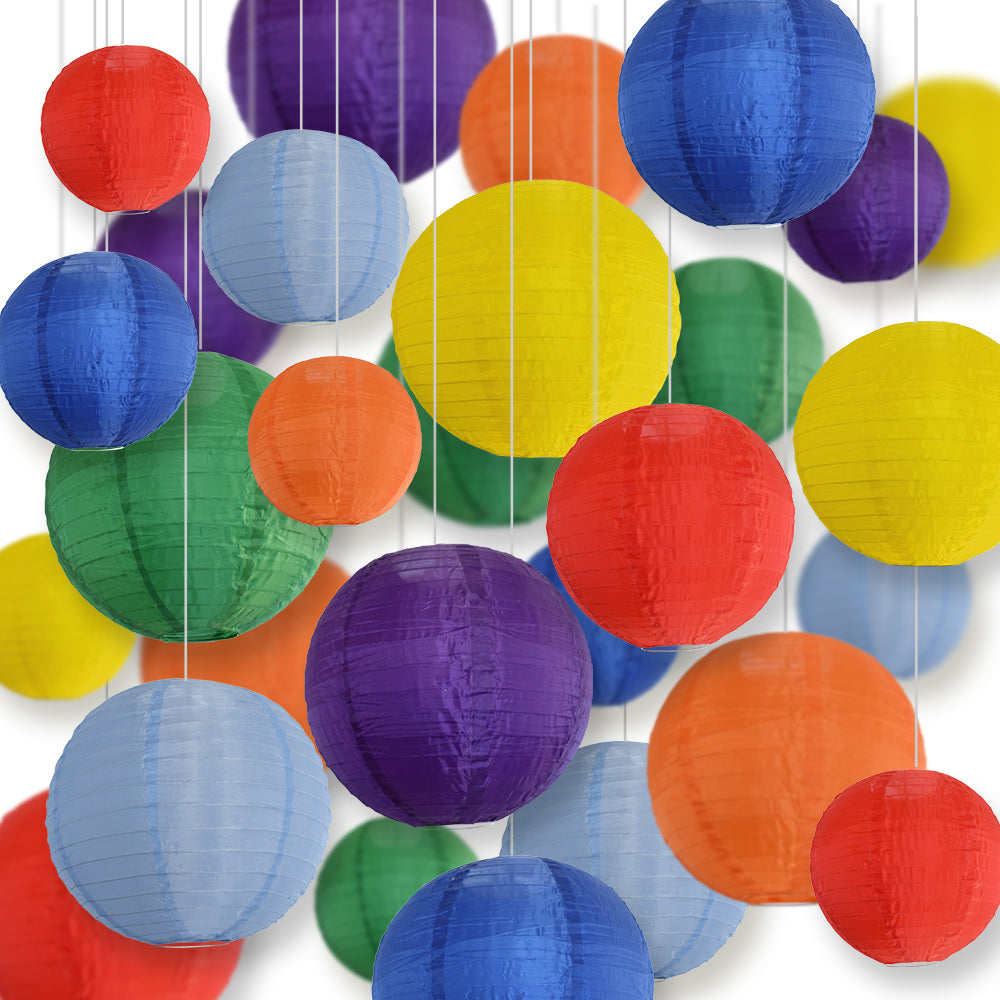 Ultimate 28-Piece Rainbow Variety Nylon Lantern Party Pack - Assorted Sizes of 6", 8", 10", 12" (7 Round Lanterns Each) for Weddings, Events and Décor